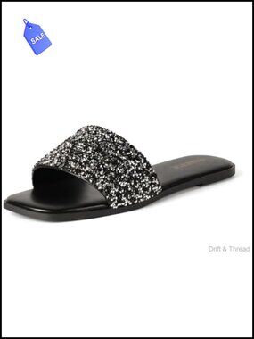 Womens Rhinestone Flat Sandals Square Open Toe Slip On Summer Beach Wedding